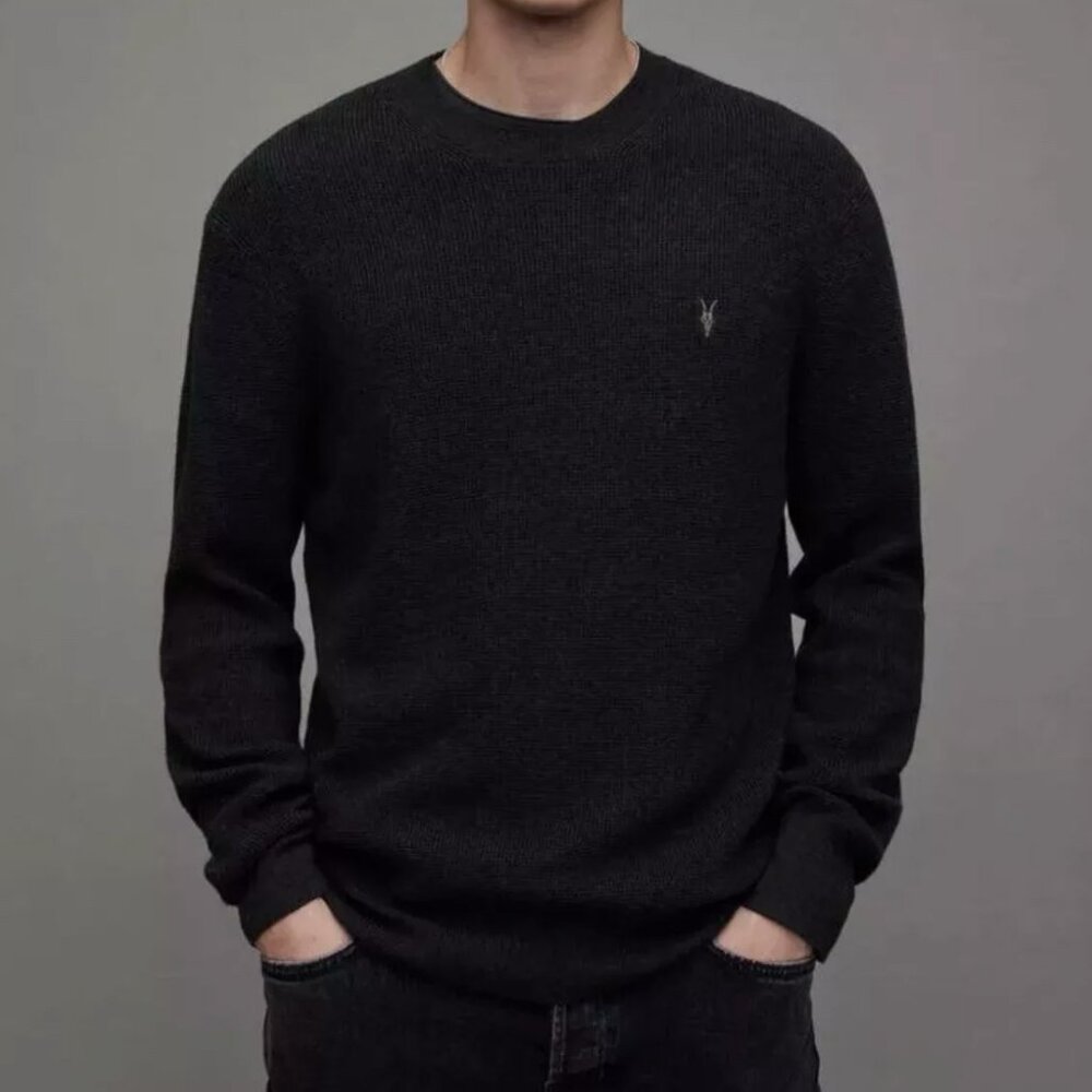 Allsaints Black Stein Open Weave Crew Neck Ramskull Sweater